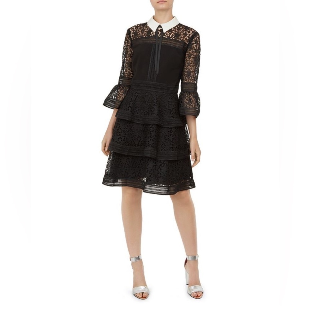 NWOT Ted Baker Starh Guipure Lace Tiered Collar Dress Black US 2